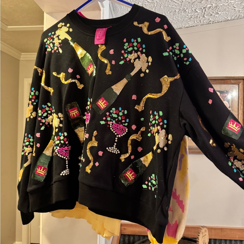 QUEEN OF SPARKLES Black Sweater with Gold and Pink Accents